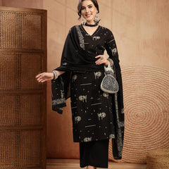 Gulmohar Jaipur Rayon Calf Length Printed 3/4 Sleeves V-Neck Straight Kurta Suit Set