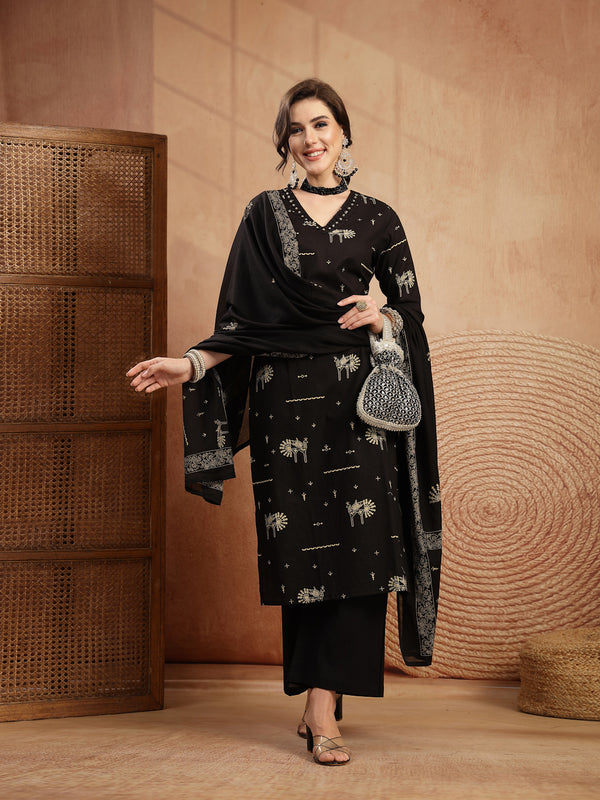Gulmohar Jaipur Rayon Calf Length Printed 3/4 Sleeves V-Neck Straight Kurta Suit Set