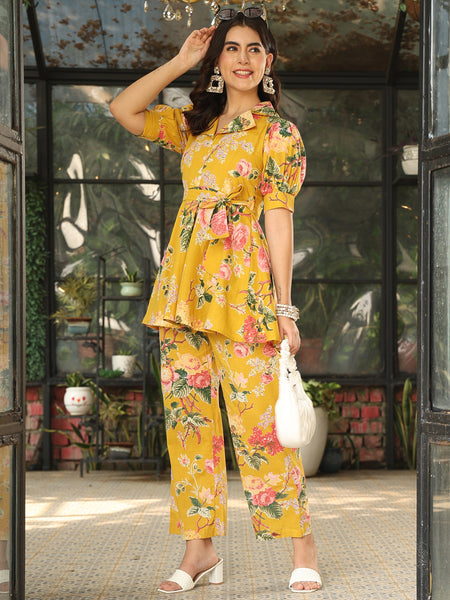 Yellow Cotton Hip Length Printed Shirt Collar Flared Top Palazzo Set