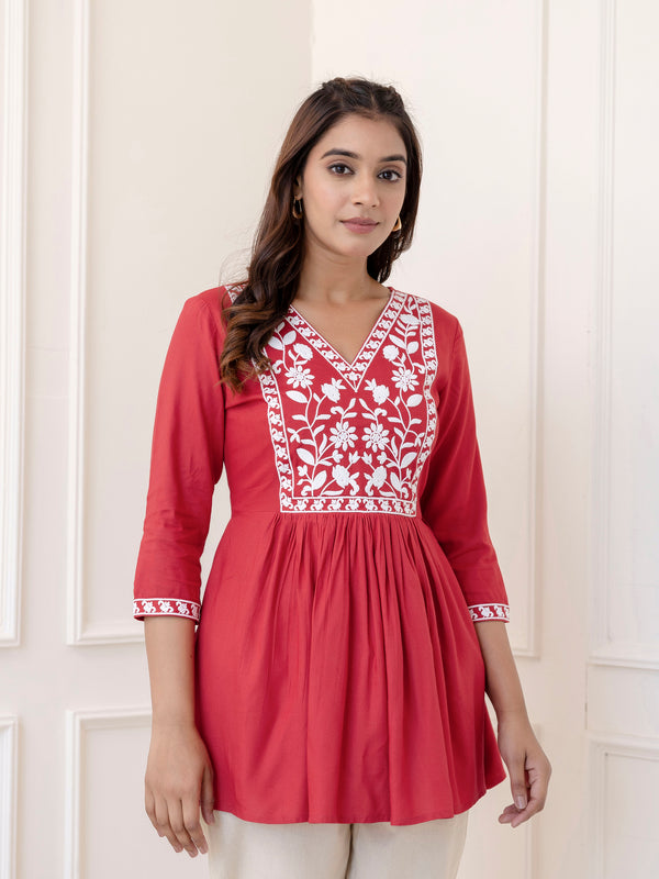Coral Rayon Hip Length Solid V-Neck Solid Embroidered Semi-Flared Top