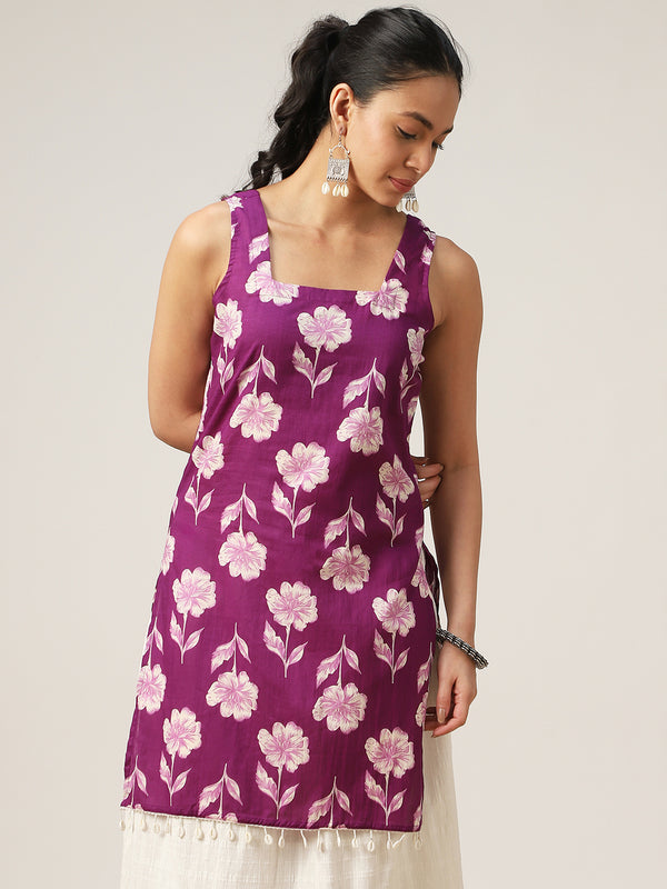 Cotton Hip Length Printed Sleeveless Square Neck Straight Top