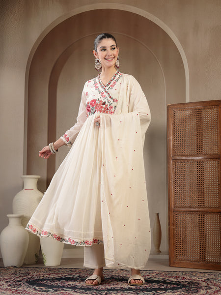 Gulmohar Jaipur Cotton Calf Length Solid Full Sleeves Anrakha Neck Flared Kurta Suit Set