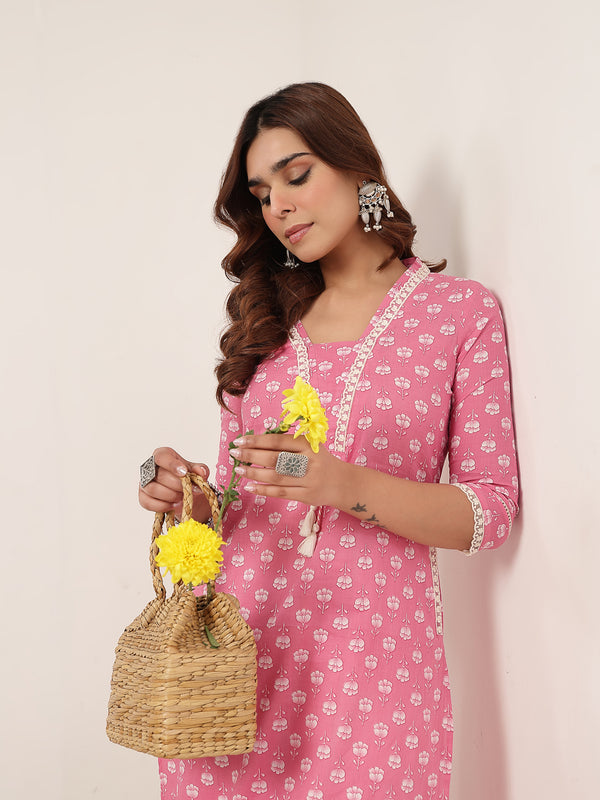 Cotton Calf Length Printed 3/4 Sleeve V-Neck Straight Kurta