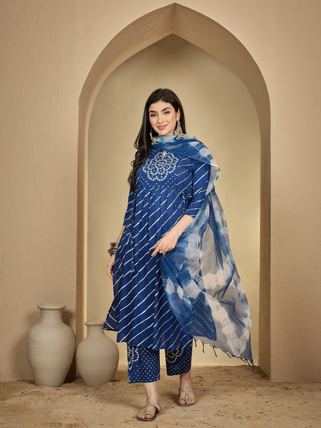 Gulmohar Jaipur Cotton Calf Length Printed 3/4 Sleeves Round Neck Flared Kurta Suit Set