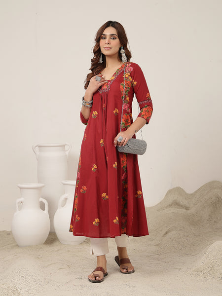 Rayon Calf Length Printed 3/4 Sleeve V-Neck Flared Kurta