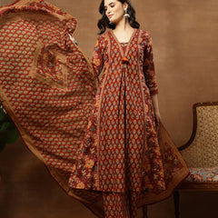 Cotton Calf Length Printed 3/4 Sleeves V-Neck Flared Kurta Suit Set