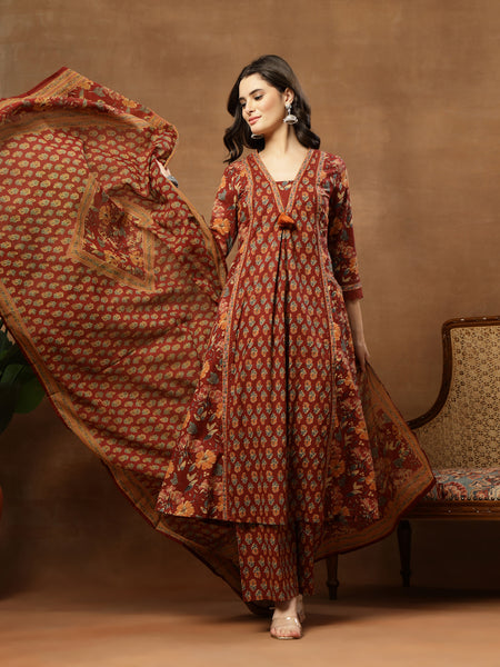 Cotton Calf Length Printed 3/4 Sleeves V-Neck Flared Kurta Suit Set