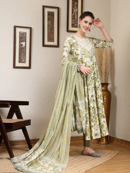 Olive Cotton Calf Length Printed Round Neck Anarkali Kurta Suit Set