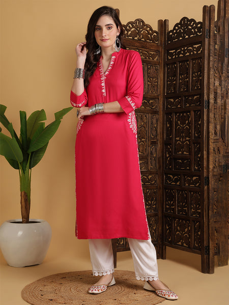 Coral Rayon Embroidered Calf Length Solid Straight V-Neck Kurta