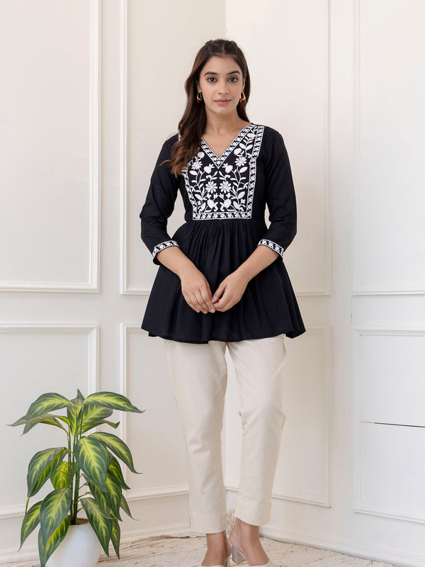 Black Rayon Hip Length Solid V-Neck Solid Embroidered Semi-Flared Top
