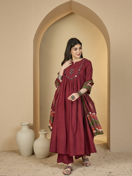 Gulmohar Jaipur Cotton Calf Length Solid 3/4 Sleeves Round Neck Flared Kurta Suit Set