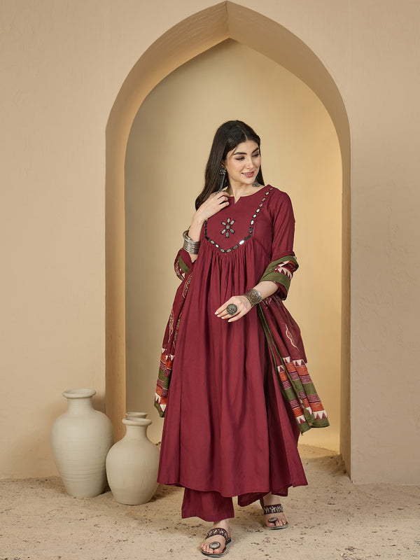 Gulmohar Jaipur Cotton Calf Length Solid 3/4 Sleeves Round Neck Flared Kurta Suit Set