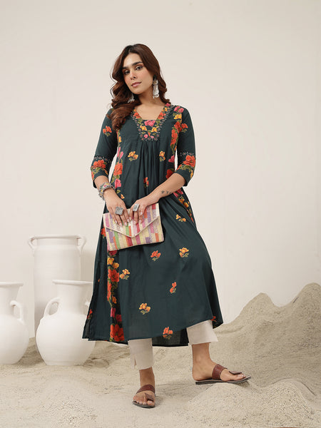 Rayon Calf Length Printed 3/4 Sleeve V-Neck Flared Kurta