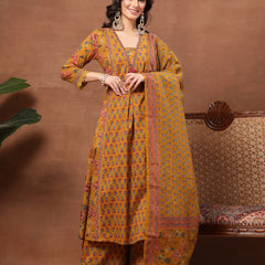 Cotton Calf Length Printed 3/4 Sleeves V-Neck Flared Kurta Suit Set