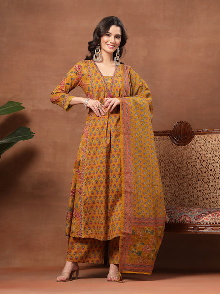 Cotton Calf Length Printed 3/4 Sleeves V-Neck Flared Kurta Suit Set