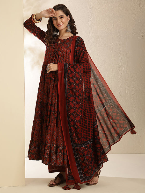 Maroon Pure Cotton Printed Keyhole Neck Anarkali Kurta Suit Set