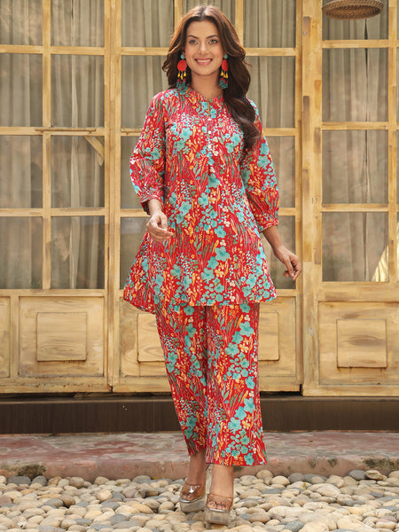 Pink Cotton Hip Length Printed Straight Mandarin Neck Top Palazzo Set