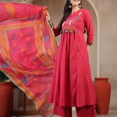 Gulmohar Jaipur Rayon Calf Length Printed 3/4 Sleeves Round Neck A-Line Kurta Suit Set