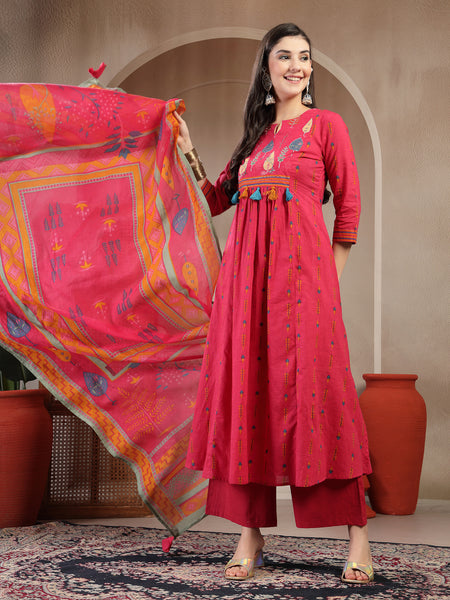 Gulmohar Jaipur Rayon Calf Length Printed 3/4 Sleeves Round Neck A-Line Kurta Suit Set