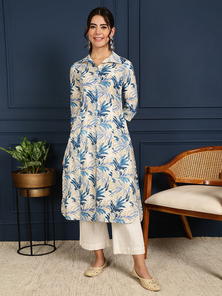 Blue Cotton Flex Calf Length Printed Shirt Coller Straight Kurta