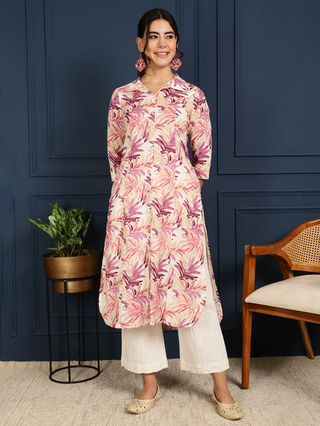 Pink Cotton Flex Calf Length Printed Shirt Coller Straight Kurta