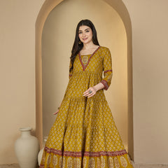Gulmohar Jaipur Cotton Ankle Length Printed 3/4 Sleeves V-Neck Anarkali Kurta