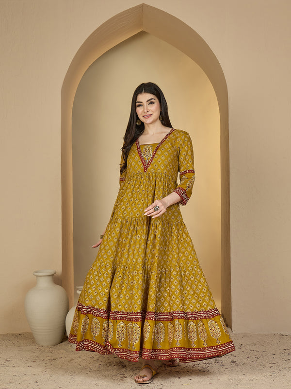Gulmohar Jaipur Cotton Ankle Length Printed 3/4 Sleeves V-Neck Anarkali Kurta