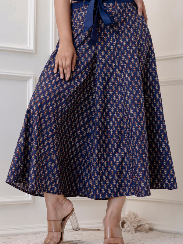 Blue Cotton Calf Length Printed Flared Palazzo