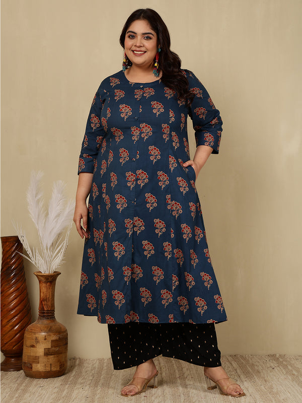 Cotton Calf Length Printed Straight 3/4 Sleeves Round Kurta Suit Set (Plus+)