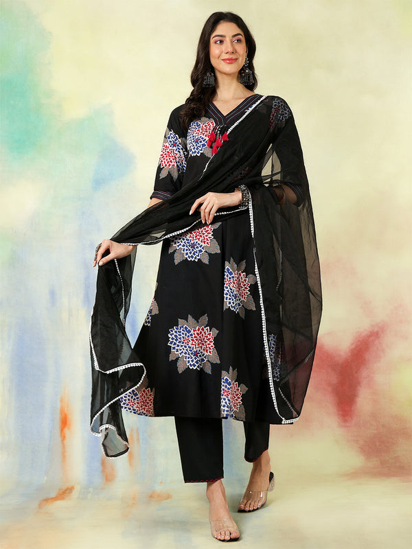 Black Rayon Printed Embroidered Straight Kurta Suit Set