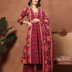 Cotton Calf Length Printed 3/4 Sleeves V-Neck Flared Kurta Suit Set