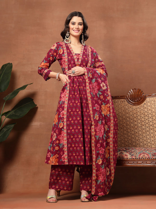 Cotton Calf Length Printed 3/4 Sleeves V-Neck Flared Kurta Suit Set