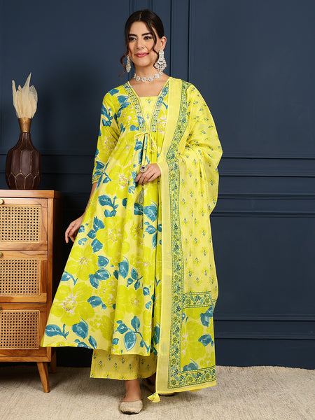 Lime Cotton Calf Length Printed V-Neck Flared Kurta Suit Set