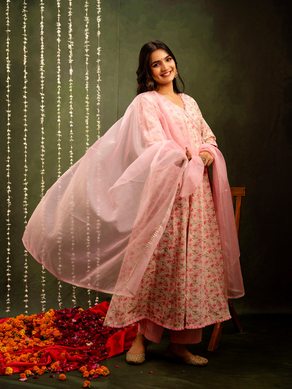 Off White Cotton Calf Length Printed Flared Angrakha Kurta Suit Set