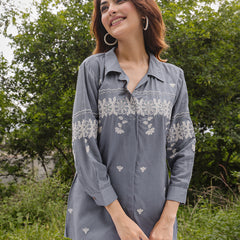 Gulmohar Jaipur Rayon Hip Length Solid 3/4 Sleeve Shirt Collar Straight Top