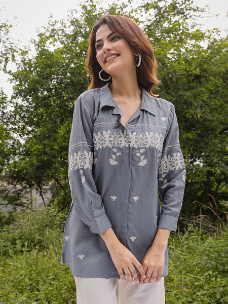 Gulmohar Jaipur Rayon Hip Length Solid 3/4 Sleeve Shirt Collar Straight Top