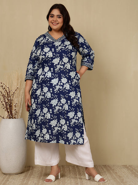 Cotton  Calf Length Printed Straight 3/4 Sleeves V-Neck Kurta
