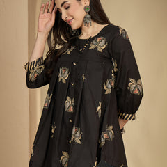 Gulmohar Jaipur Rayon Hip Length Printed 3/4 Sleeves Round Neck Flared Top