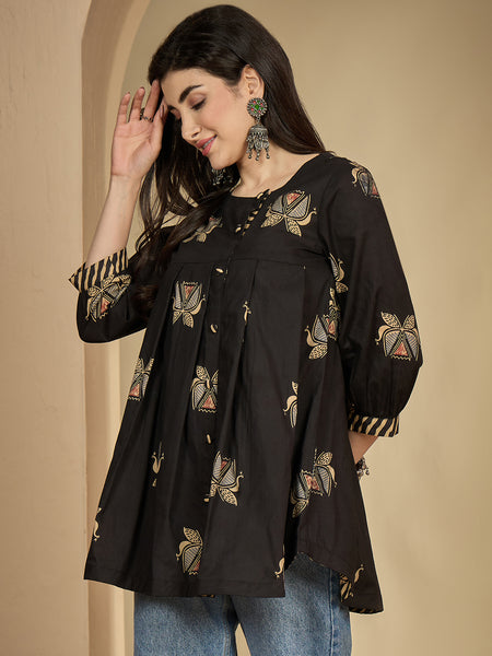 Gulmohar Jaipur Rayon Hip Length Printed 3/4 Sleeves Round Neck Flared Top