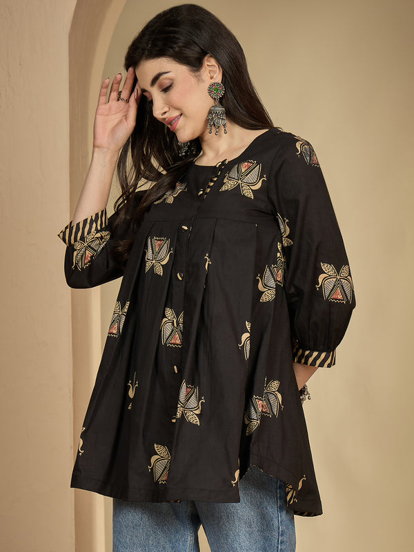 Gulmohar Jaipur Rayon Hip Length Printed 3/4 Sleeves Round Neck Flared Top