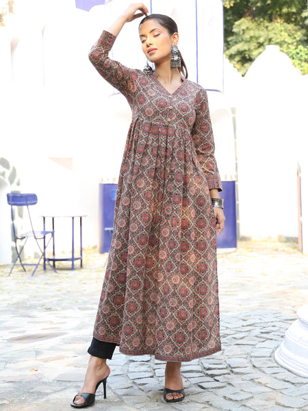Brown Cotton Calf Length Printed Flared V-Neck Kurta