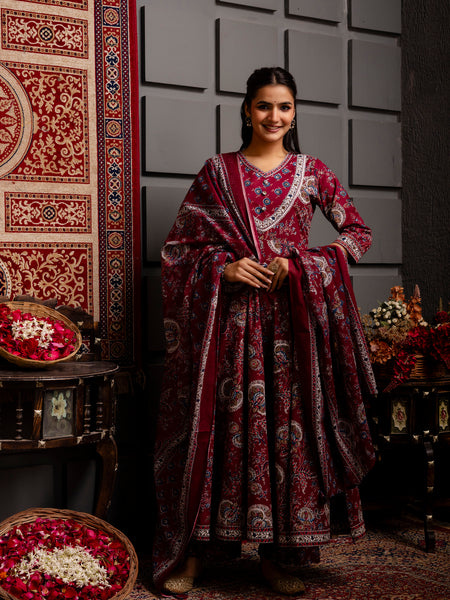 Wine Cotton Calf Length Printed Flared V-Neck Kurta Suit Set