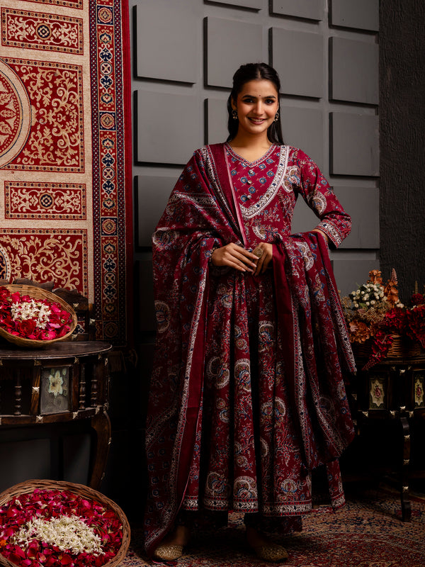 Cotton Calf Length Printed Flared V-Neck Kurta Suit Set