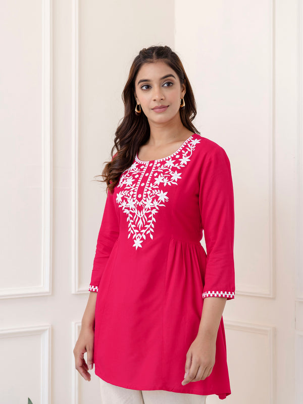 Rani Rayon Hip Length Solid Round Neck Solid Embroidered Straight Top