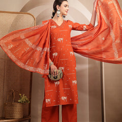 Gulmohar Jaipur Rayon Calf Length Printed 3/4 Sleeves V-Neck Straight Kurta Suit Set