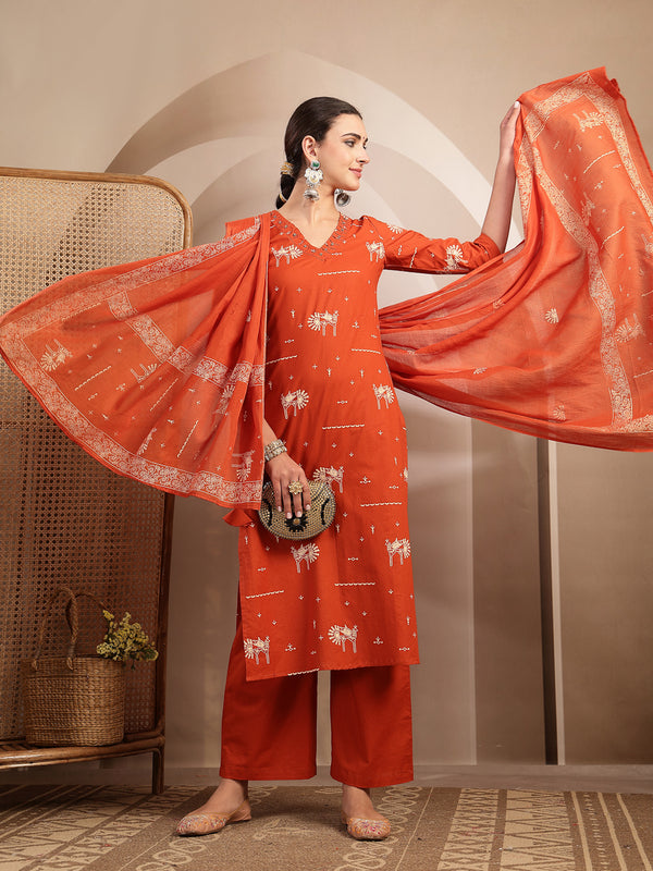Gulmohar Jaipur Rayon Calf Length Printed 3/4 Sleeves V-Neck Straight Kurta Suit Set