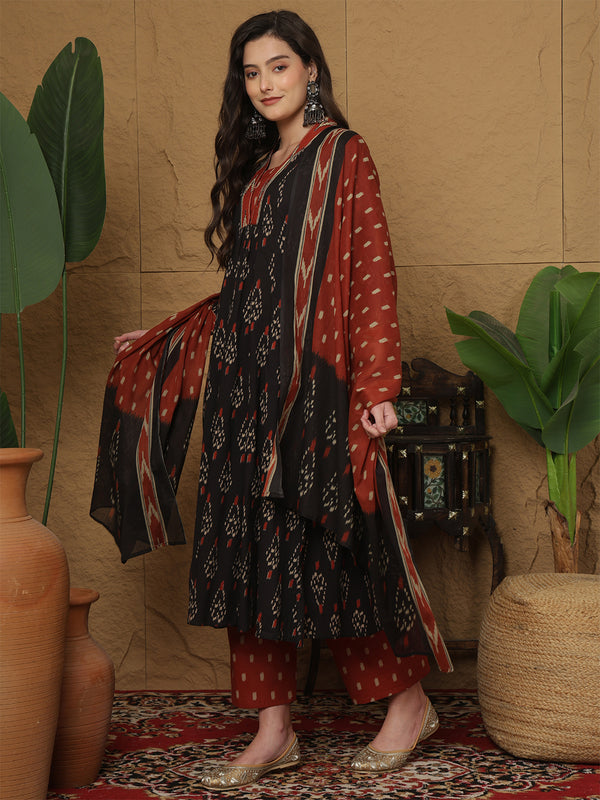 Black Pure Cotton Printed Hand-Work V-Neck Semi-Flared Kurta Suit Set
