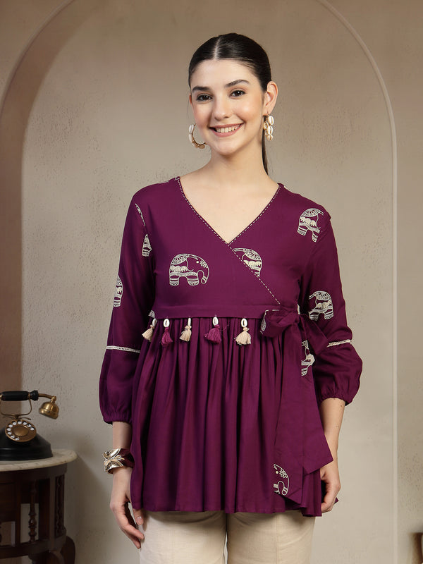 Gulmohar Jaipur Rayon Hip Length Printed 3/4 Sleeves V-Neck Flared Top