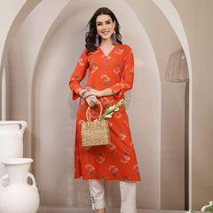 Gulmohar Jaipur Cotton Calf Length Printed 3/4 Sleeve V-Neck Straight Kurta