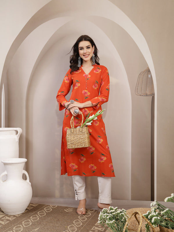 Gulmohar Jaipur Cotton Calf Length Printed 3/4 Sleeve V-Neck Straight Kurta